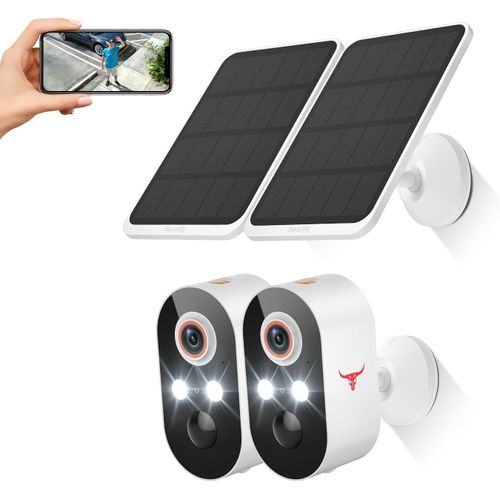 KGABERY-Lot De 2 Caméras De Sécurité Solaires Sans Fil Avec Projecteurs,Alimentées Par Piles,Détection Humaine Ai,Conversation Bidirectionnelle,Vision Nocturne En Couleur,Stockage Dans Le Cloud