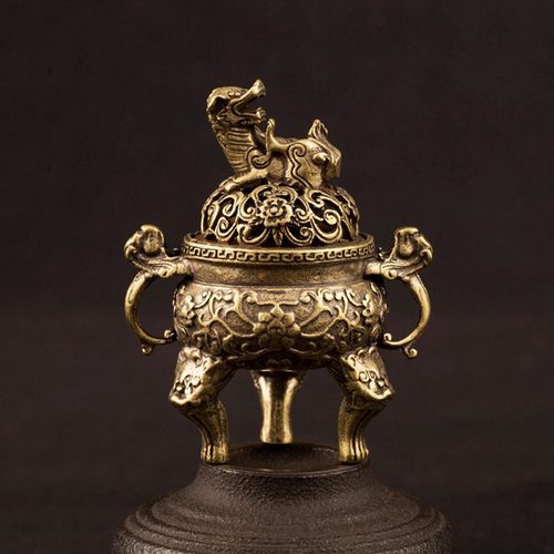 Encensoir en laiton Antique à trois pattes, tête de Qilin, Lotus, ancienne bête chinoise, cuivre massif, décor de bureau, encensoir, Mini ornements