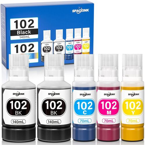 Encre 102 Cartouches Compatible Avec Ecotank Et-2851 Et-3850 Et-4850 Et-15000 Et-2750 Et-2856 Et-2756, 102 Encre Multipack (5 Flacons, Noir 140 Ml X 2,Cyan, Magenta,Jaune 70 Ml)