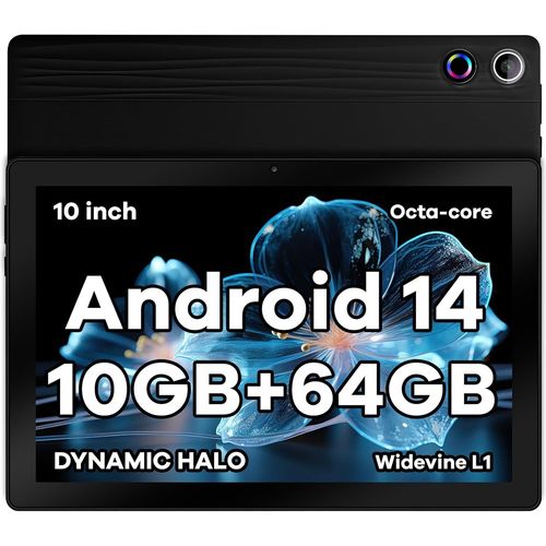 Tablette 10 Pouces Android 14 Tablette Octa-Core Tablette, Widevine L1 10 Go + 64 Go + 1 To Tf, Wifi 6 Bt 5.3 Batterie 5000 Mah, Transmission Otg, Déverrouillage Du Vi , Pr Casque Type C (Noir)