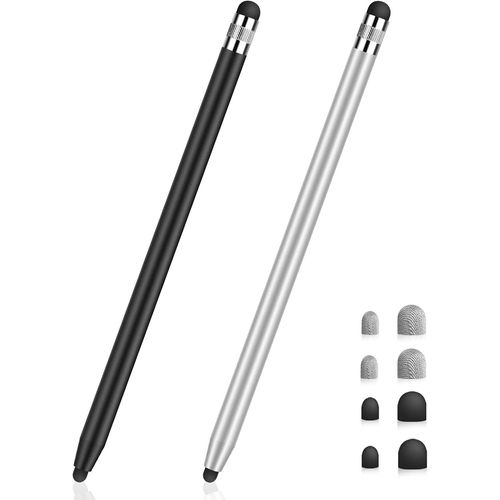 Stylet Universel Pour Écrans Tactiles, Stylet Capacitif 2 En 1 Pour Iphone/Ipad/Pro/Mini/Air/Samsung/Tablette Avec 6 Embouts De Rechange (Noir + Argent)