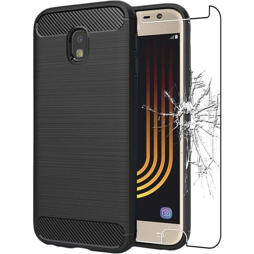 - Coque Pour Samsung J3 2017 Galaxy Sm-J330f, Etui Protection Motif Carbone, Antichoc Souple Tpu, Noir + Verre Trempé