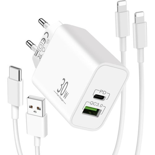 Chargeur Iphone 30w Et 2x Câble 2m, Pr Adaptateur Secteur 2 Ports Avec Câbles Usb-C/A Vers Lightning, Embout Chargeur Rapide Compatible Avec Iphone 14/13/12/11/Pro /Mini/Se/Xs/Xr/X/8