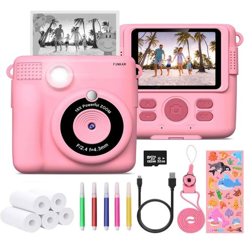 Appareil Photo Enfant Instantanée - 2,4"" Hd 1080P - Avec Carte Sd 32 Gb, 5 Marqueurs, Autocollants, 5 Rouleaux De Papier, Pendentif. Appareil Photo Enfants Et Filles De 3 À 14 Ans.[APP62225]