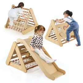 Costway Station De Jeu Avec Triangle D'escalade,Toboggan En Bois Et Filet, Résistant Aux Intempéries, Charge 60 Kg 1 Ans+ Naturel