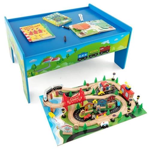 Costway Circuit Voiture Enfant - 80 Accessoires Avec Table, Plateau Réversible 2 En 1, Train En Bois Pour 3 Ans+, Multicolore