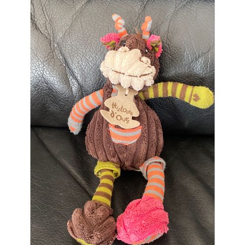 Peluche doudou vache HISTOIRE D'OURS brun vert rose velours côtelé 23 cm
