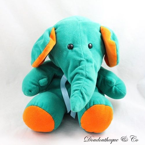 Peluche éléphant SANS MARQUE vintage vert et orange assis yeux plastiques 30 cm