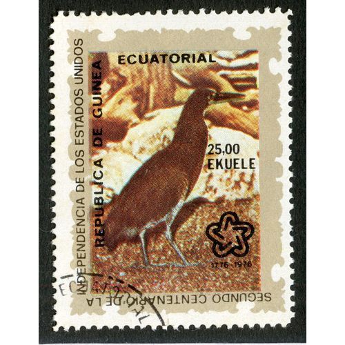 Timbre Oblitéré Republica De Guinea Ecuatorial, Segundo Centenario De La Independencia De Los Estados Unidos 1776-1976, 25.00 Ekuele
