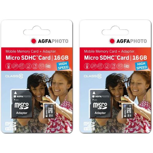AgfaPhoto Pack 2 cartes mémoire microSDHC 10580 - Capacité 16GB + 16GB - Noir - Noir