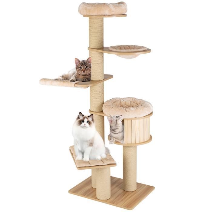 Costway Arbre À Chat En Bois 191cm Avec Hamac, Panier, Perchoir Et Niche, Tour À Chat Avec Coussin Amovible Et Poteaux À Gratter