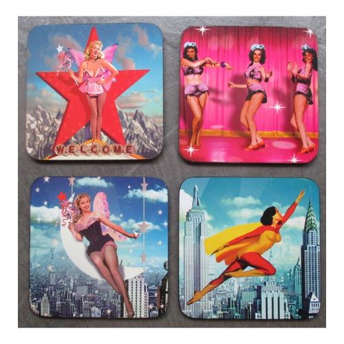 Lot De 4 Dessous De Verre Pin Up Style Retro 10x10 Cm Bar Diner Loft