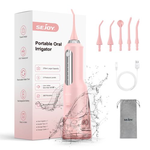 Hydropulseur Jet Dentaire Sejoy Professionnel, Irrigateur Oral Portable Et Rechargeable 270ml Ipx7 Étanche 5 Modes, 5 Buses - Rose