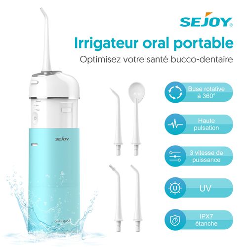 Hydropulseur Jet Dentaire Sejoy Professionnel, Irrigateur Oral Portable Electrique 200ml, Ipx7 Étanche Avec 5 Buses 3 Modes - Bleu