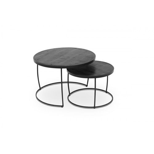 Table Basse Gigogne Ronde En Bois Massif Exotique. Finition Noir. Collection Larson.
