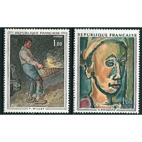 France 1972, Très Beaux Timbres Neufs** Luxe, Tableaux, Timbres Yvert 1672 "Le Vanneur" De Millet, 1673 "Songe Creux" De Rouault.