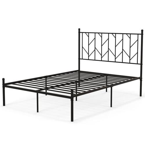 Costway Lit Adulte Double 140x190cm En Métal -Tête De Lit 9 Pieds De Support -Structure De Lit Charge 360kg-14 Lattes En Métal, Noir