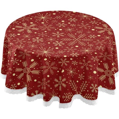 Nappe De Noël Décorative Pour Table Ronde, Fête, Pique-Nique - Rouge Foncé Avec Flocons De Neige.[G572]