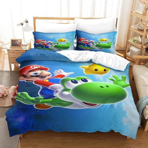 Super Mario Parure De Lit 3 Pi¿¿Ces Avec Housse De Couette Et Taies D'oreiller En Microfibre Avec Fermeture ¿¿Clair