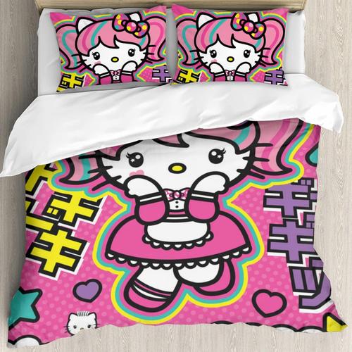 Hello Cat Kitty Parure De Lit 3 Pi¿¿Ces Avec Housse De Couette Et 2 Taies D'oreiller - Robe De Princesse En Forme De Queue De Cheval - Parure De Lit D¿¿Corative