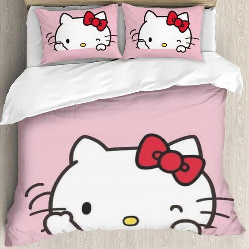 Hello Cat Kitty Winkduvet Cover Set Chambre 3pc Literie Rose Housse De Couette Et 2 Taies D'oreiller