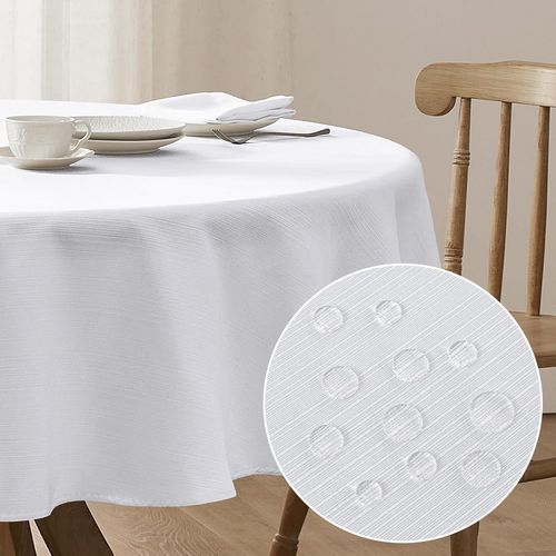 Petite Nappe Ronde 120 cm Blanche,Impermeable,résistante à l'eau,Anti Tache,Texture Lin,pour extérieur,Table de Jardin,fête,Anniversaire,réveillon,Mariage,Noël,Jardin,Table Basse.[G136]