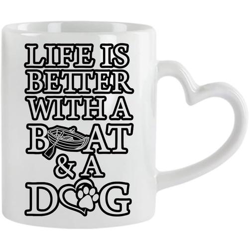 La Vie Est Meilleure Avec Un Bateau Et Un Chien Cadeau D'anniversaire/De Noël Cadeaux De Motivation Cadeau Unisexe Unique Et Amusant Inspiré Tasse À Café En Céramique De 11 Oz / 15 Oz. (Intérieur Et Poignée Bleus) -Poignée Coeur Blanc