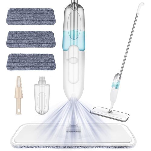 Balai pulvérisateur en Microfibre avec 3 tampons et Flacon Rechargeable de 500 ML pour Le Nettoyage des sols, pour sols en marbre, Bois Dur, carrelage, stratifié ou céramique, Blanc, 125 cm.[G514]