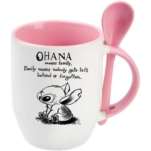 Ohana Means Family Stitch Café Thé Cacao Soupe Utilisation Quotidienne Tasse Cadeau D'anniversaire Fête Souvenir Poignée C Tasse En Céramique Unique. (Intérieur Et Poignée Bleus) - Cuillère Rose