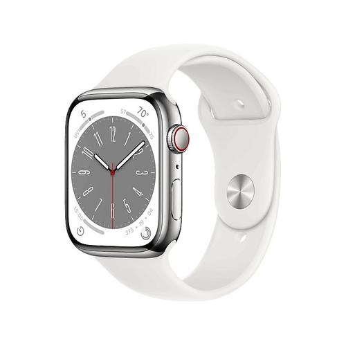Apple Watch Series 8 Gps + Cellular - Boîtier 45 Mm Argent Acier Inoxydable/Blanc - Bracelet 140 - 220 Mm