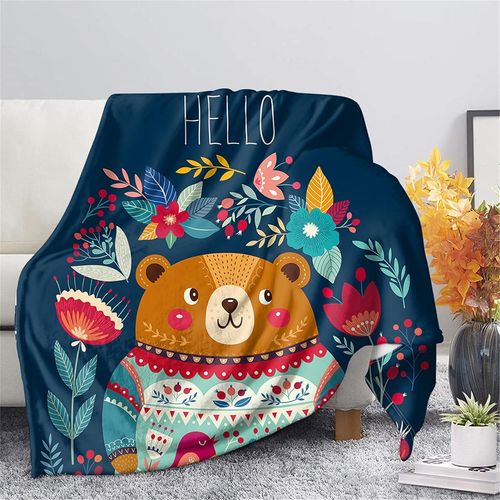 Hellow Bear Couvertures Mignonnes En Forme D'ours Brun Pour Décoration D'intérieur Pour Enfants, Couronne De Fleurs, Couvertures Bleu Marine Pour Lit/Canapé/Canapé/Chaise, Tapis Doux Et Chaud