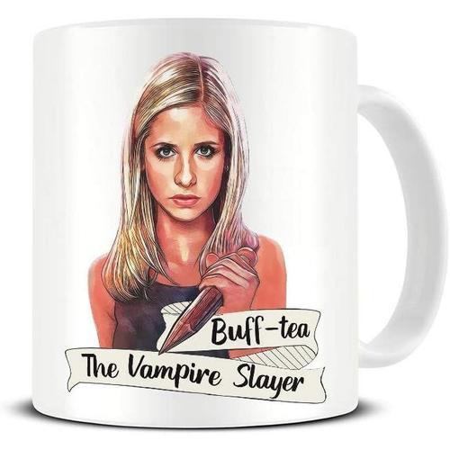 Buff-Tea Tasse Contre Les Vampires | Tasse Drôle | Buffy Tea Pun Blague Mug | Tasse En Céramique De Tasse À Café De Thé D'illustration Unique Originale