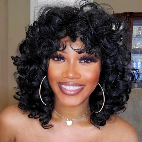 Perruque Afro Kinky Curly Avec Frange Pour Femmes Noires