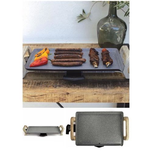 Plancha ELECTRIQUE 1800W ARMATURE Bois Revêtement antiadhésif APECT PIERRE bac récupérateur jus-cuisson 46 x 26 cm.