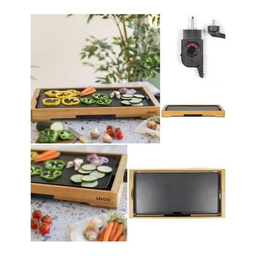 Plancha ARMATURE BOIS 2200W double zones lisse et rainurée avec Revêtement antiadhésif et bac récupérateur de jus-cuisson 50 x 24,5