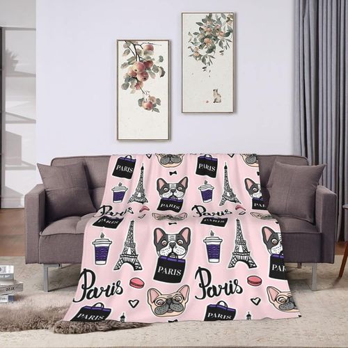 Couverture Ultra Douce En Forme De Bouledogue Français Et De Sac De Courses, Couverture Légère En Flanelle En Peluche, Confortable Et Chaude Pour Hommes, Femmes, Garçons Et Filles, 127 X 101,6 Cm