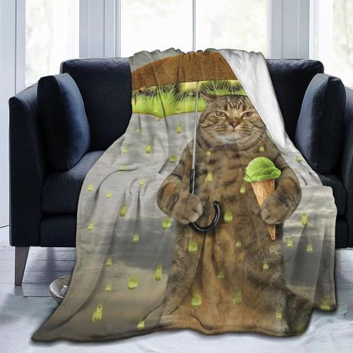 Couverture En Flanelle Avec Motif Chat Mignon Et Kiwi, Couverture Super Douce Et Légère, Lavable Pour Lit, Canapé,