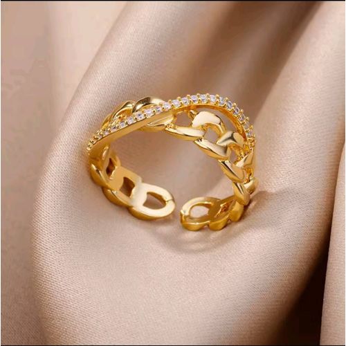 Bague En Acier Inoxydable Couleur Or Pour Femmes Chaîne Ajourée En Cristal Zircon Bijoux Cadeau 2025 - Taille Ouvert - Poids 10.00kg - Matériel Acier Inoxydable.