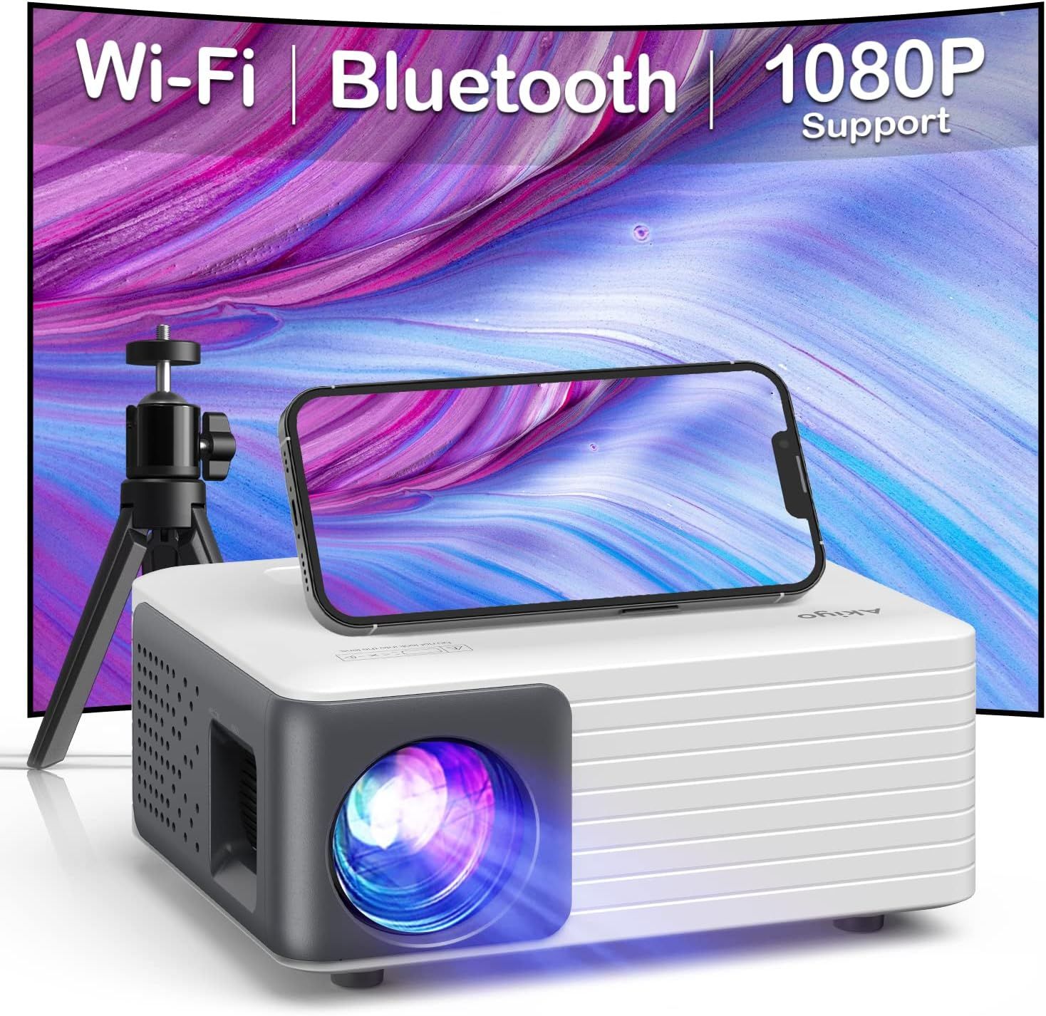 Vidéoprojecteur WiFi Bluetooth, Mini Projecteur Portable avec Trépied, 720P  Natif Supportée 1080P Projecteur Video Home