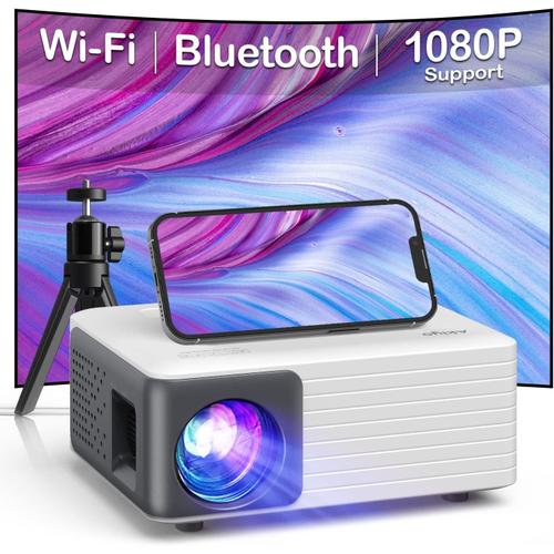 Vidéoprojecteur WiFi Bluetooth, Mini Projecteur Portable avec Trépied, 720P  Natif Supportée 1080P Projecteur Video Home