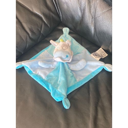 Doudou carré plat Vache blanche bleu à pois cocard gris Mots d'Enfants Leclerc 20*20cm