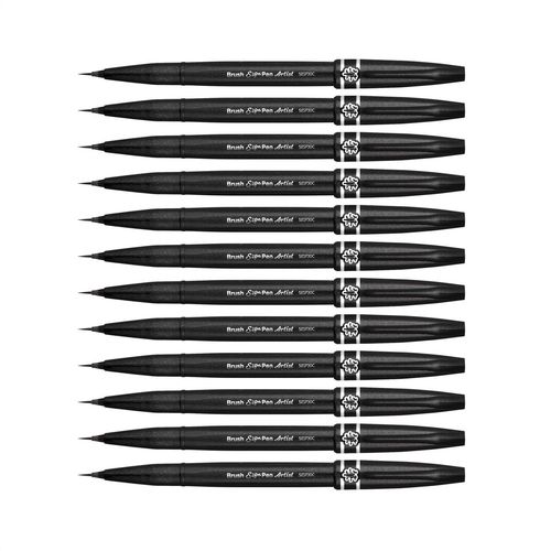 Pentel Arts Lot De 12 Stylos Feutre Sign Pen Artist Pointe Pinceau Extra Fine Noir