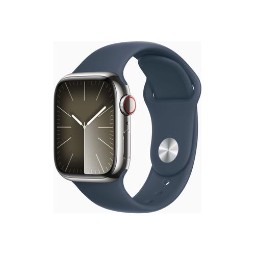 Apple Watch Series 9 Gps + Cellular - Boîtier Acier Inoxydable 41 Mm Argent Bleu Orage - Bracelet M/L