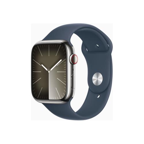 Apple Watch Series 9 Gps + Cellular - Boîtier Acier Inoxydable 45 Mm Argent Bleu Orage - Bracelet S/M