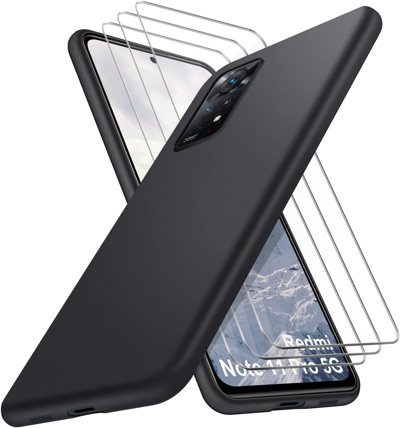 Coque Pour Xiaomi Redmi Note 11 Pro 4g / 5g (Pas Pour Redmi Note 11 / 11s), 3 Pièces Verre Trempé Protection Écran + Souple Silicone Tpu Étui Housse Case Xiaomi Redmi Note 11 Pro, Noir