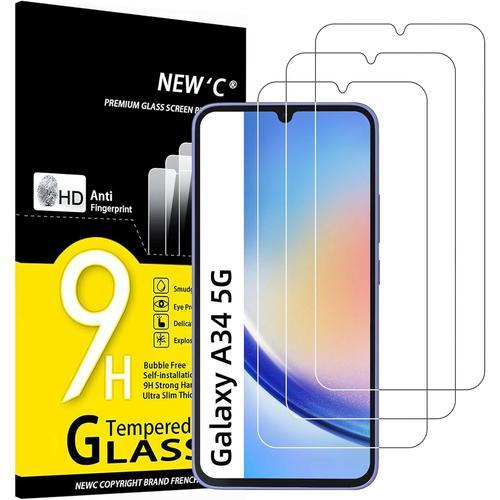 Lot De 3 Verre Trempé Pour Samsung Galaxy A34 5g Film Protection Écran Anti Rayures Sans Bulles D'air Ultra Résistant 0,33mm Hd Ultra Transparent Dureté 9h Glass