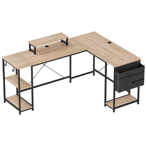 Bureau D'angle Modulable Réversible Style Industriel - Nombreux Rangements - Acier Noir Effet Bois Naturel