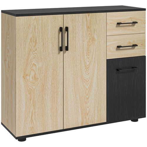 Buffet 3 Portes Étagère 2 Tiroirs Coulissants Aspect Bois Clair Noir