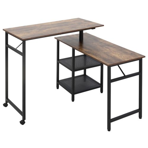 Bureau Industriel D'angle Modulable 2 Étagères Aspect Bois Métal Noir
