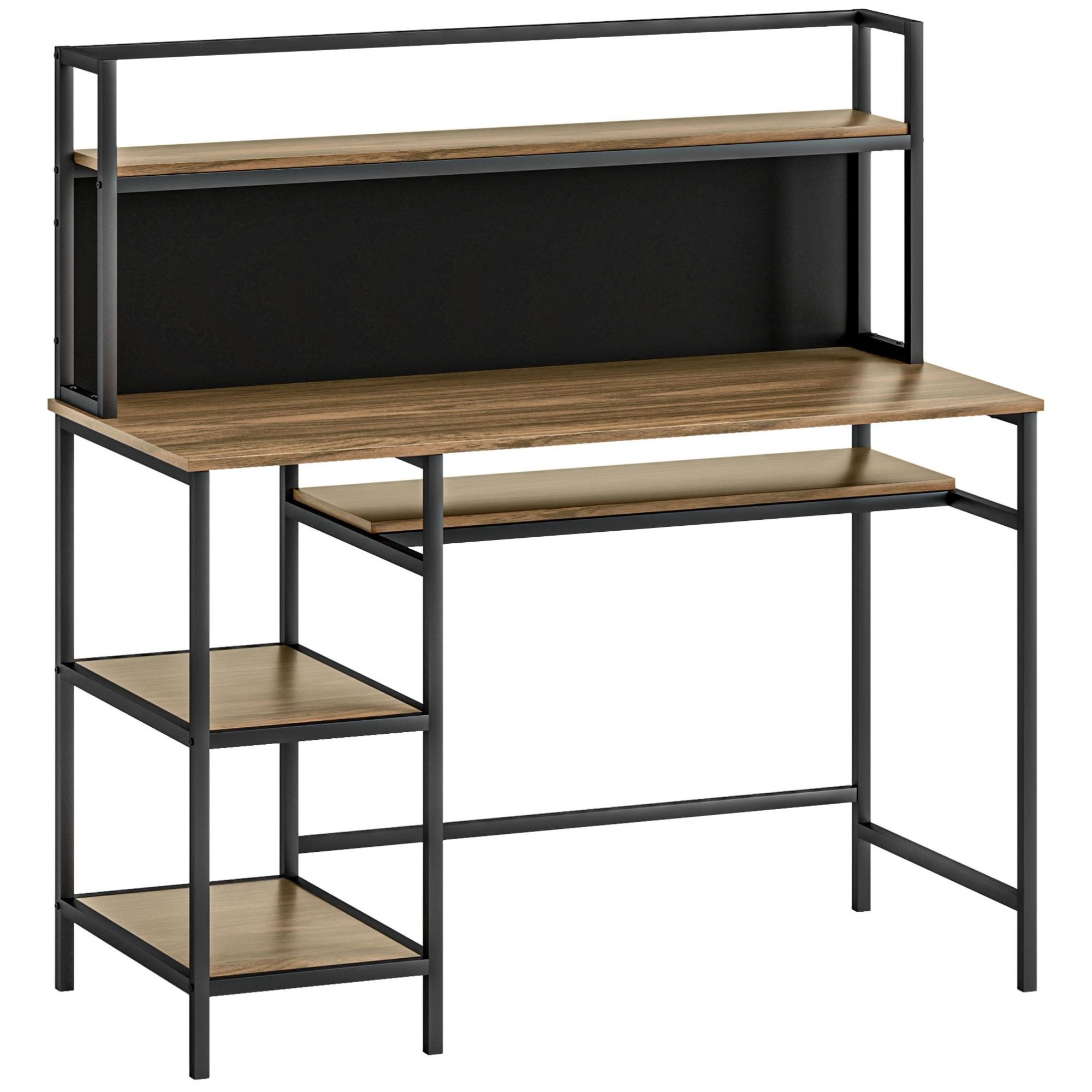 Bureau Informatique Design Industriel 4 Étagères Grand Plateau Et Panneau Noir Métal Aspect Bois